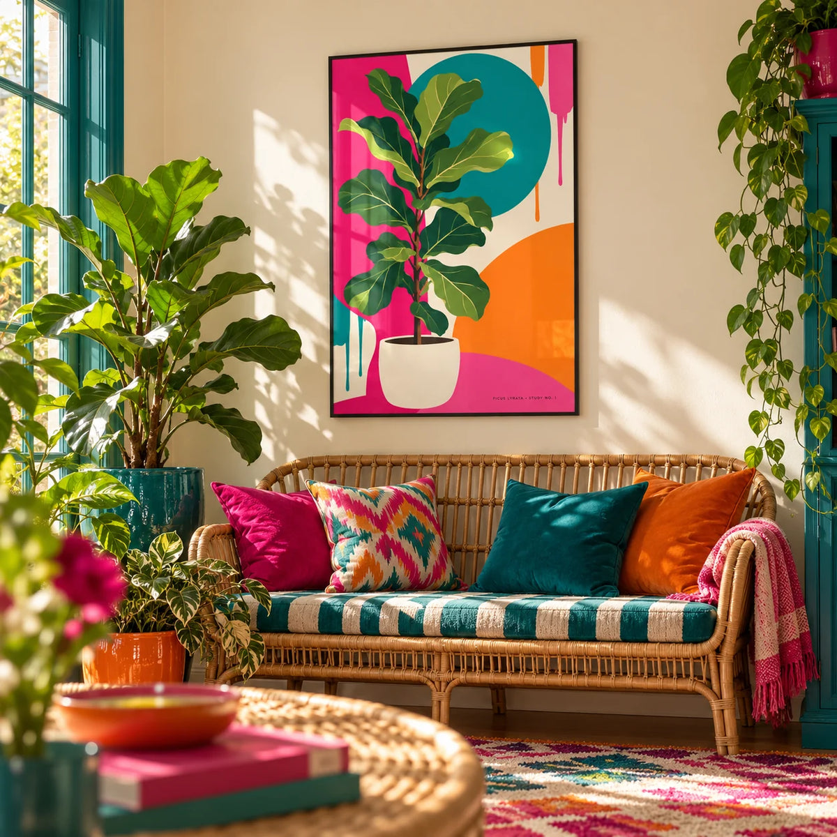 Fiddle Leaf Fig Print, framed on the wall of a bright sunroom