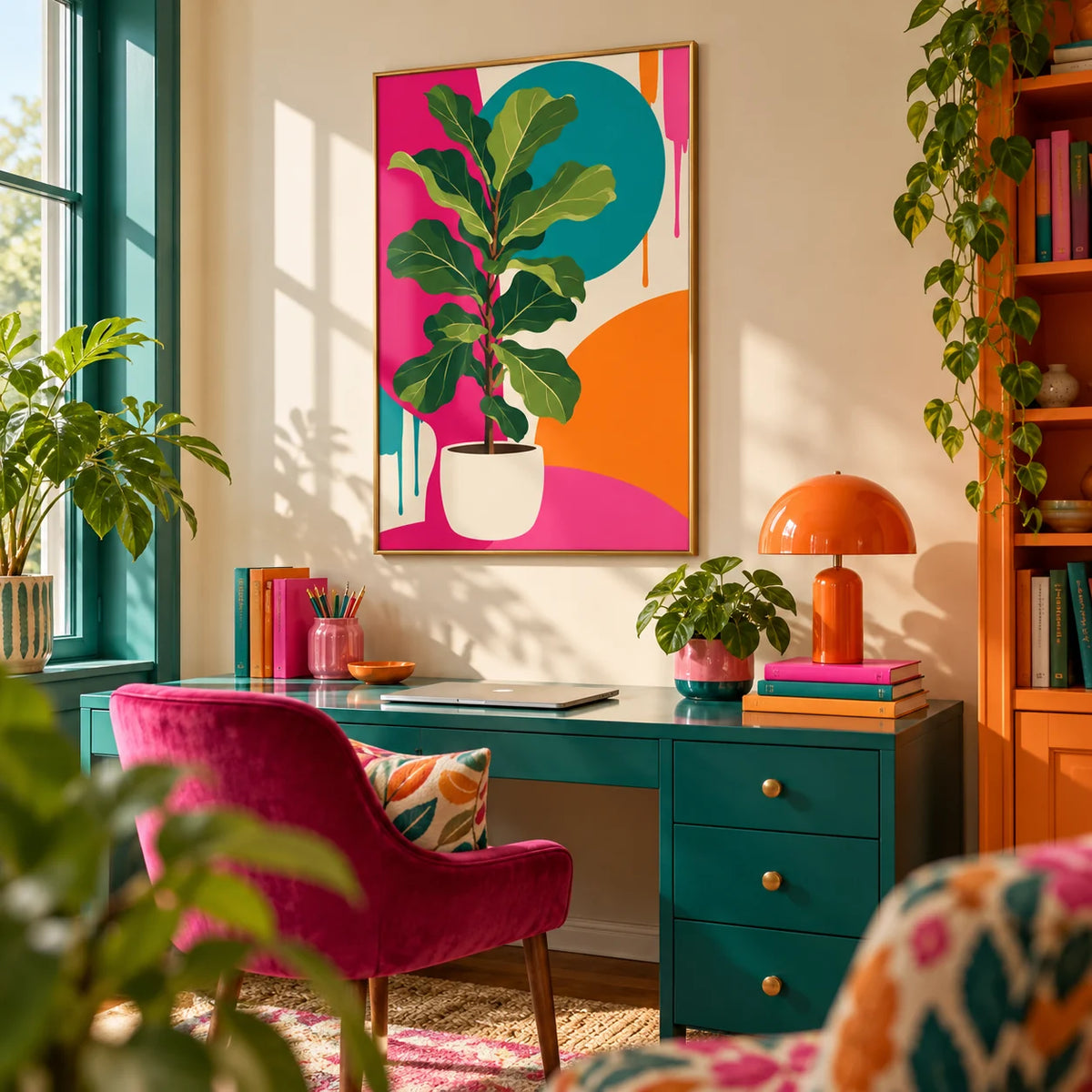 Fiddle Leaf Fig Print, framed on the wall of a cheerful home office