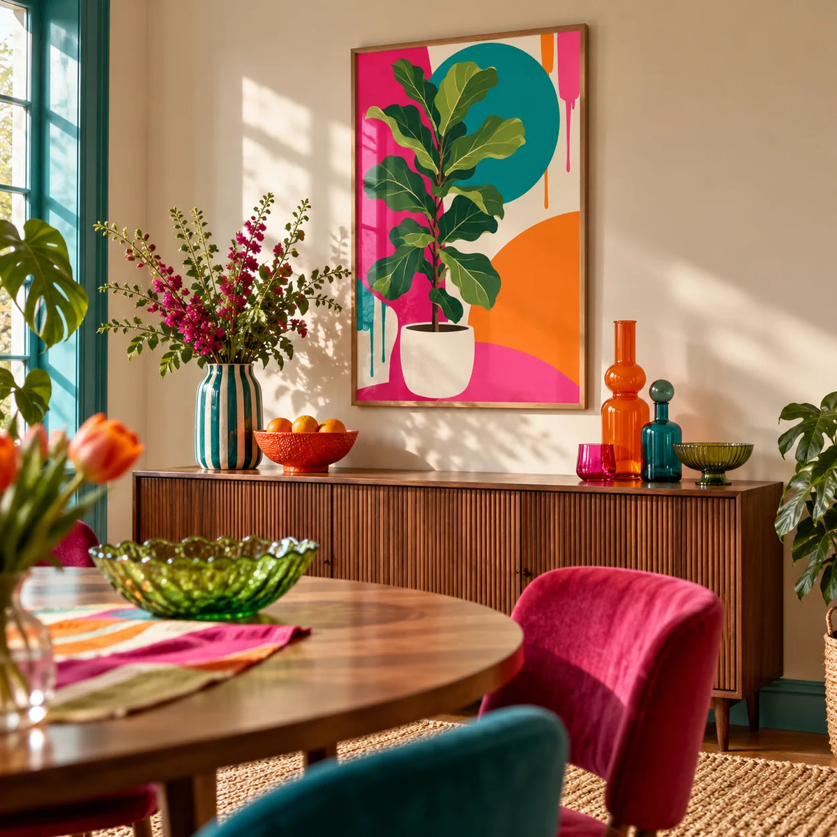 Fiddle Leaf Fig Print, framed on the wall of a colourful dining room