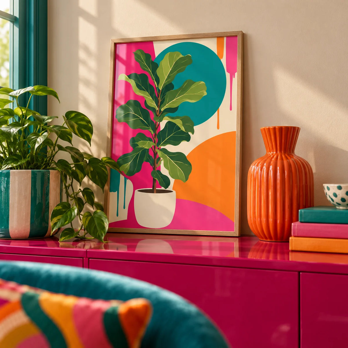 Fiddle Leaf Fig Print, a small A4 framed print leaning on a colourful lacquered shelf in a living room