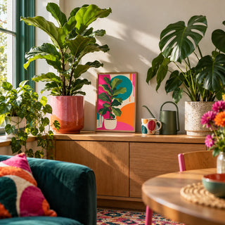 Fiddle Leaf Fig Print, a small A4 framed print leaning on a windowsill shelf