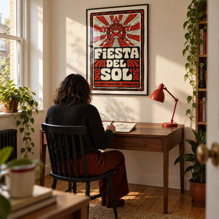 Fiesta Del Sol Art Print, framed on the wall of a compact creative home study in a design-conscious UK flat with a cream wall and warm wooden floorboards
