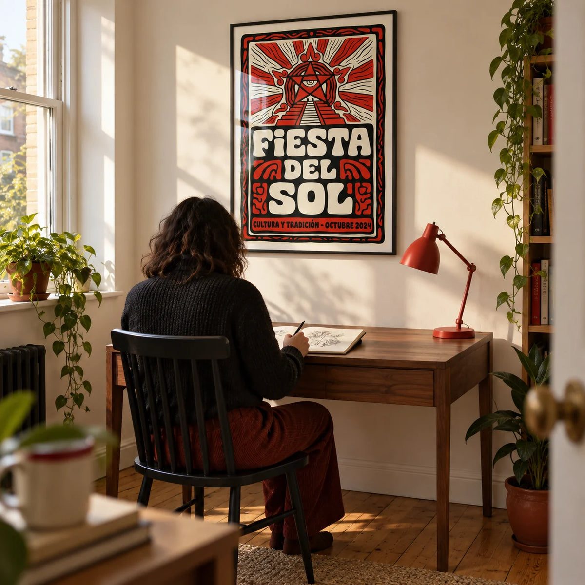 Fiesta Del Sol Art Print, framed on the wall of a compact creative home study in a design-conscious UK flat with a cream wall and warm wooden floorboards