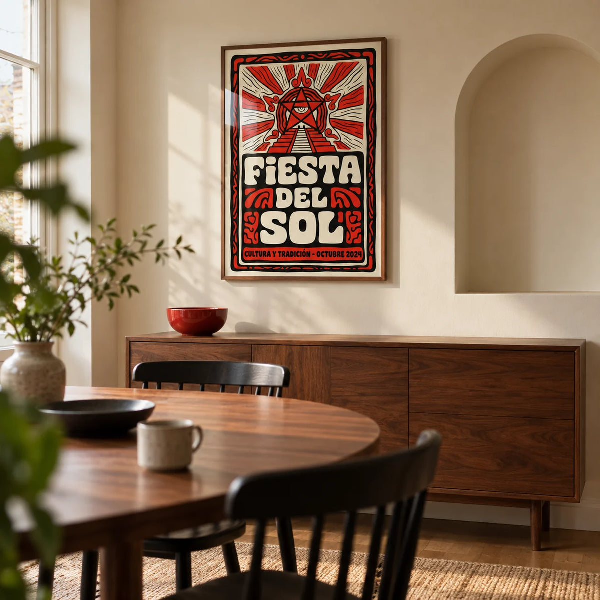 Fiesta Del Sol Art Print, framed on the wall of a modern dining room in a characterful UK flat with a warm cream wall and a shallow arched niche