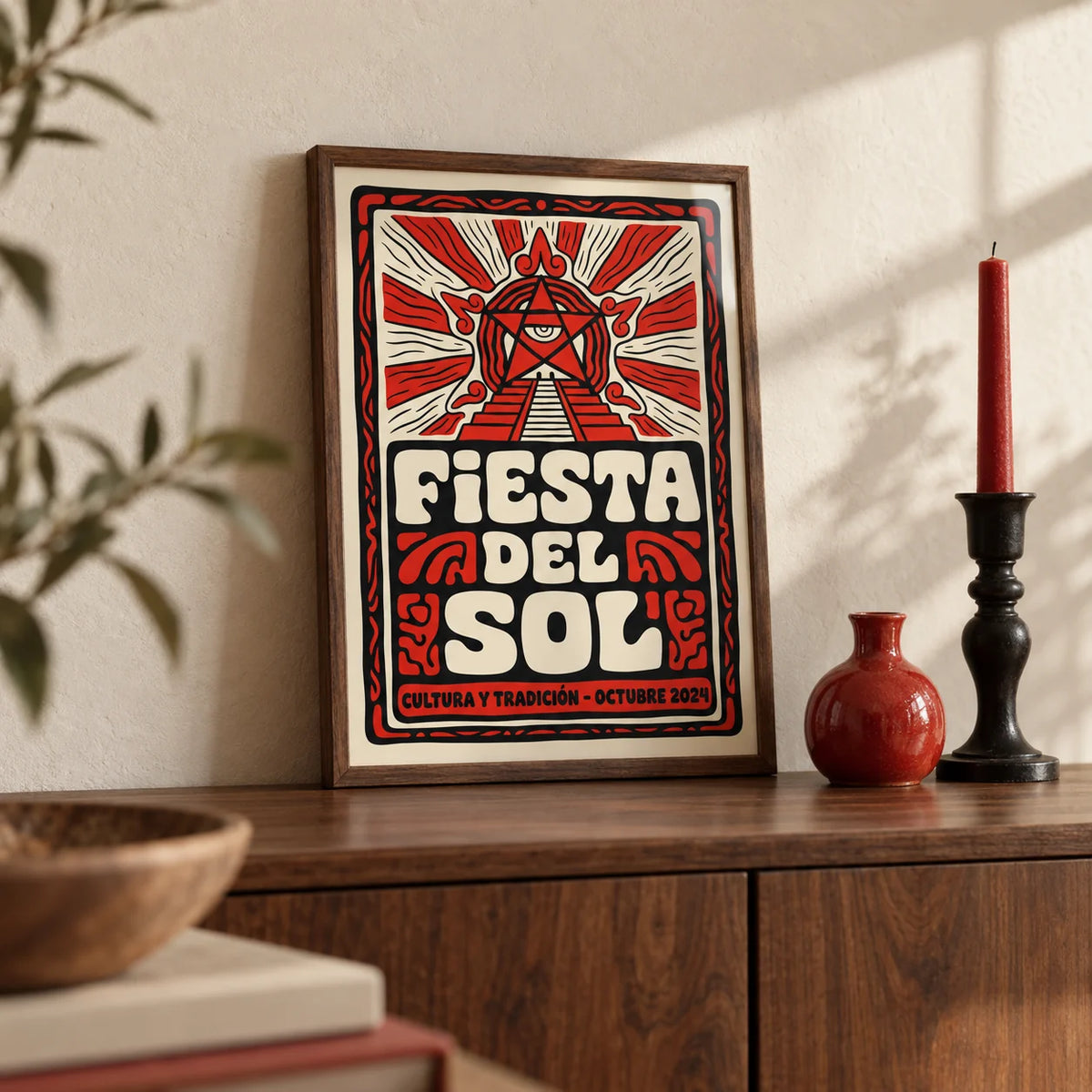 Fiesta Del Sol Art Print, a small A4 framed print leaning on a walnut sideboard in a living room