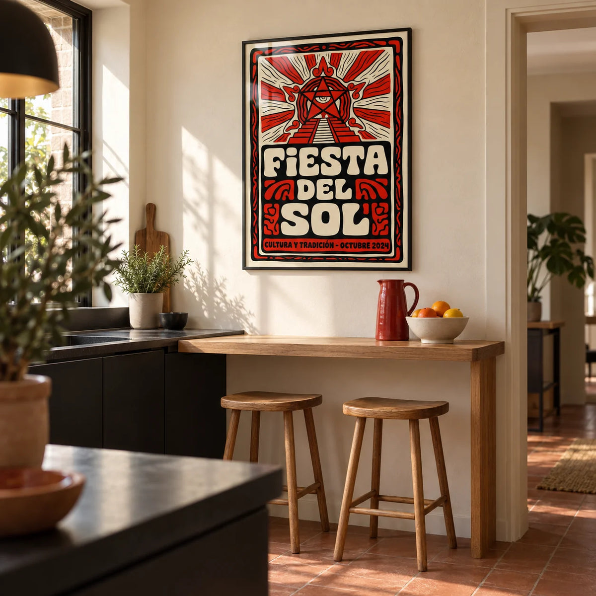 Fiesta Del Sol Art Print, framed on the wall of a warm contemporary kitchen in a UK terrace with cream plaster walls