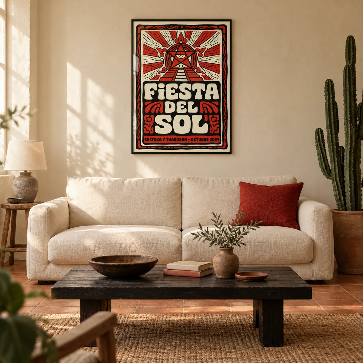 Fiesta Del Sol Art Print, framed on the wall of a warm Mexican-modern living room in a UK terrace with cream limewashed walls and a terracotta floor