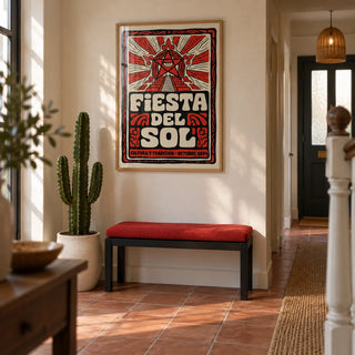 Fiesta Del Sol Art Print, framed on the wall of a welcoming hallway in a renovated UK terrace with warm cream plaster walls and terracotta floor tiles