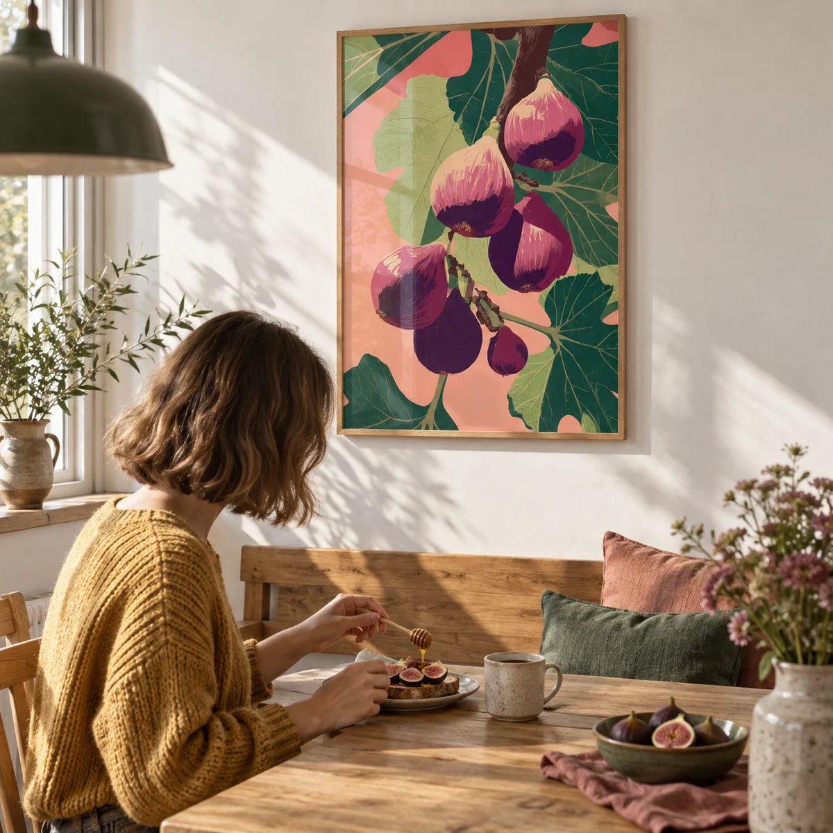 Fig Wall Art, framed on the wall of a sunny kitchen table corner with a white wall