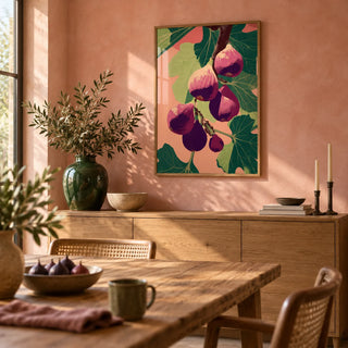 Fig Wall Art, framed on the wall of a warm dining room with a soft salmon pink limewashed wall
