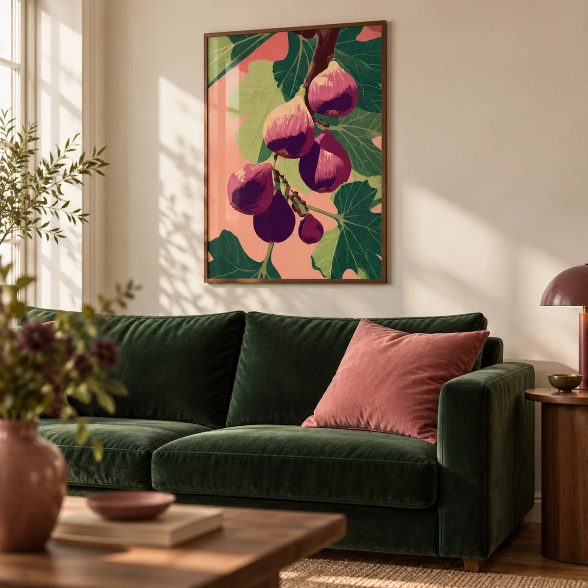 Fig Wall Art, framed on the wall of a warm living room with a cream wall