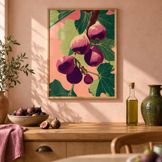 Fig Wall Art, framed on the wall of a warm Mediterranean kitchen with a pale pink plaster wall