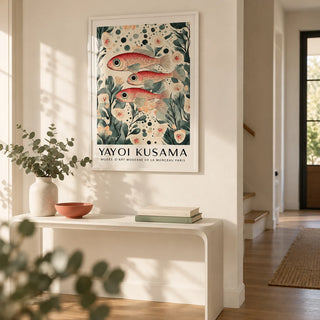 Fish Artwork Print, framed on the wall of a bright hallway with a warm white wall