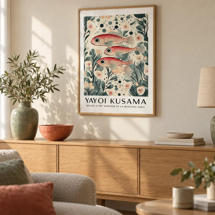 Fish Artwork Print, framed on the wall of a calm living room with a warm cream wall