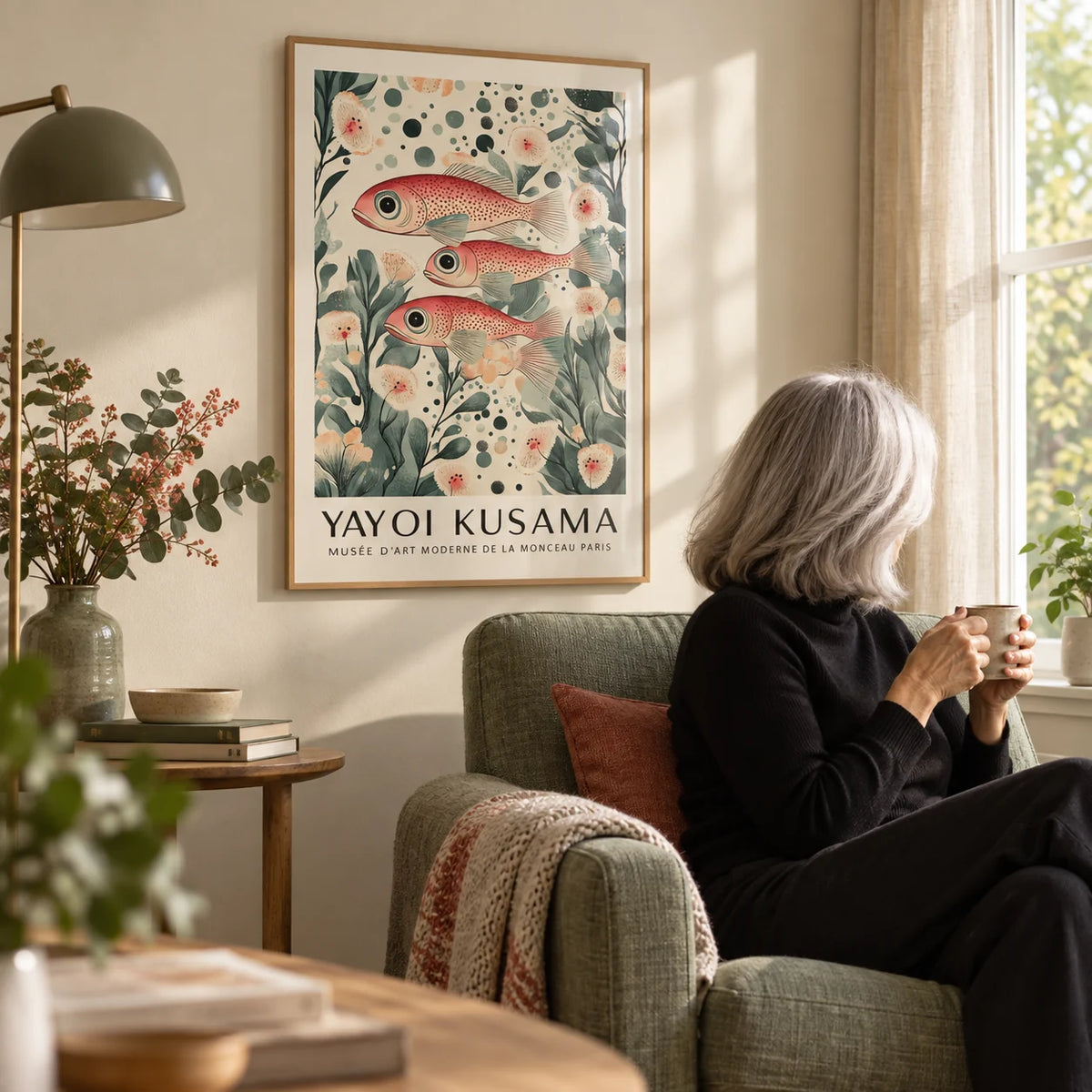 Fish Artwork Print, framed on the wall of a quiet reading corner with a cream wall in a living room