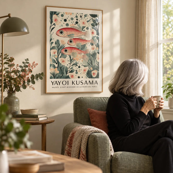 Fish Artwork Print, framed on the wall of a quiet reading corner with a cream wall in a living room
