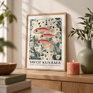 Fish Artwork Print, a small A4 framed print leaning on an oak shelf in a living room