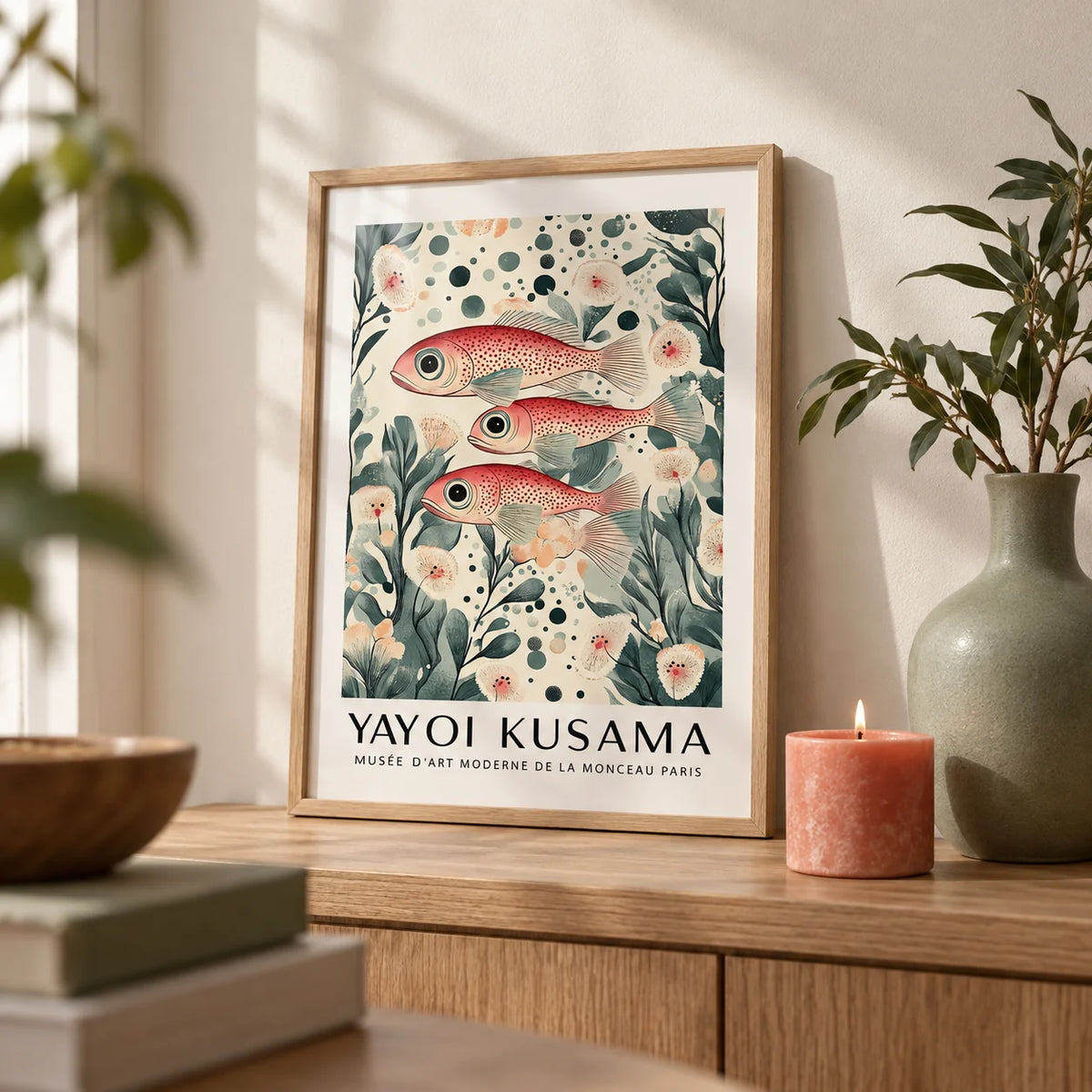 Fish Artwork Print, a small A4 framed print leaning on an oak shelf in a living room