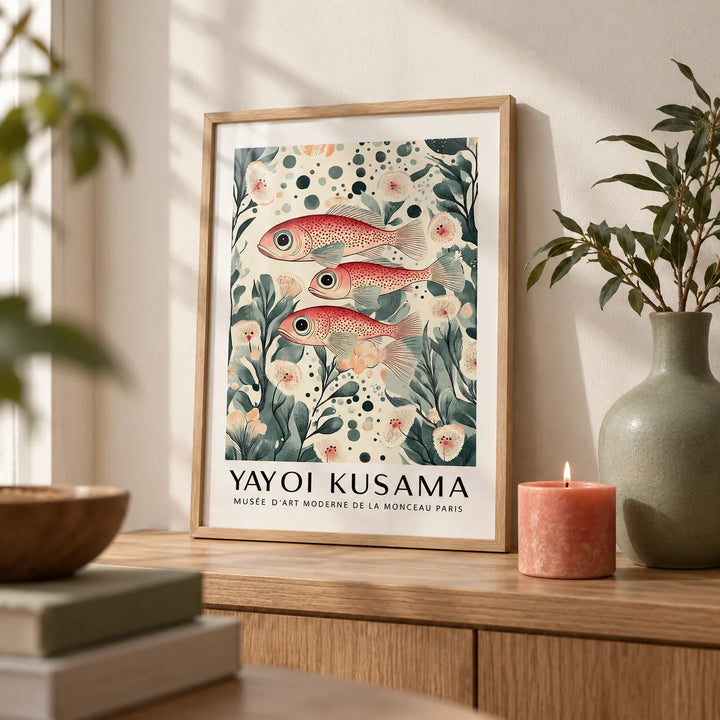 Fish Artwork Print, a small A4 framed print leaning on an oak shelf in a living room