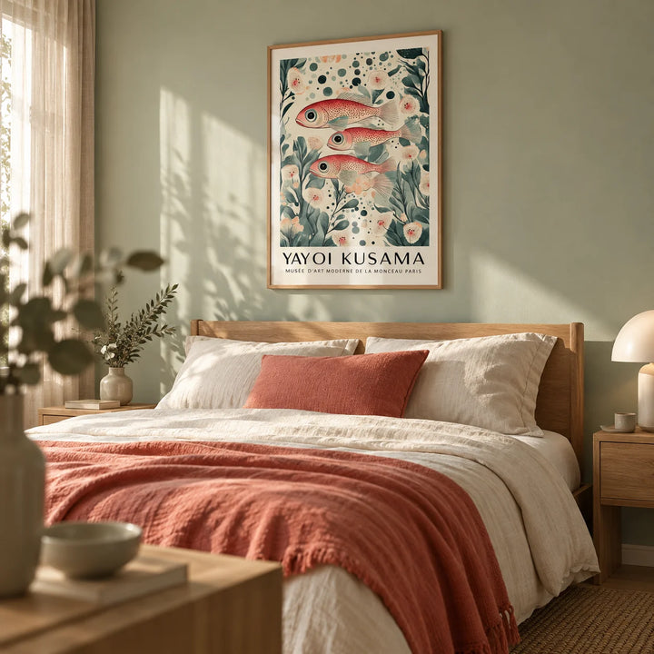 Fish Artwork Print, framed on the wall of a soft bedroom with a pale sage wall