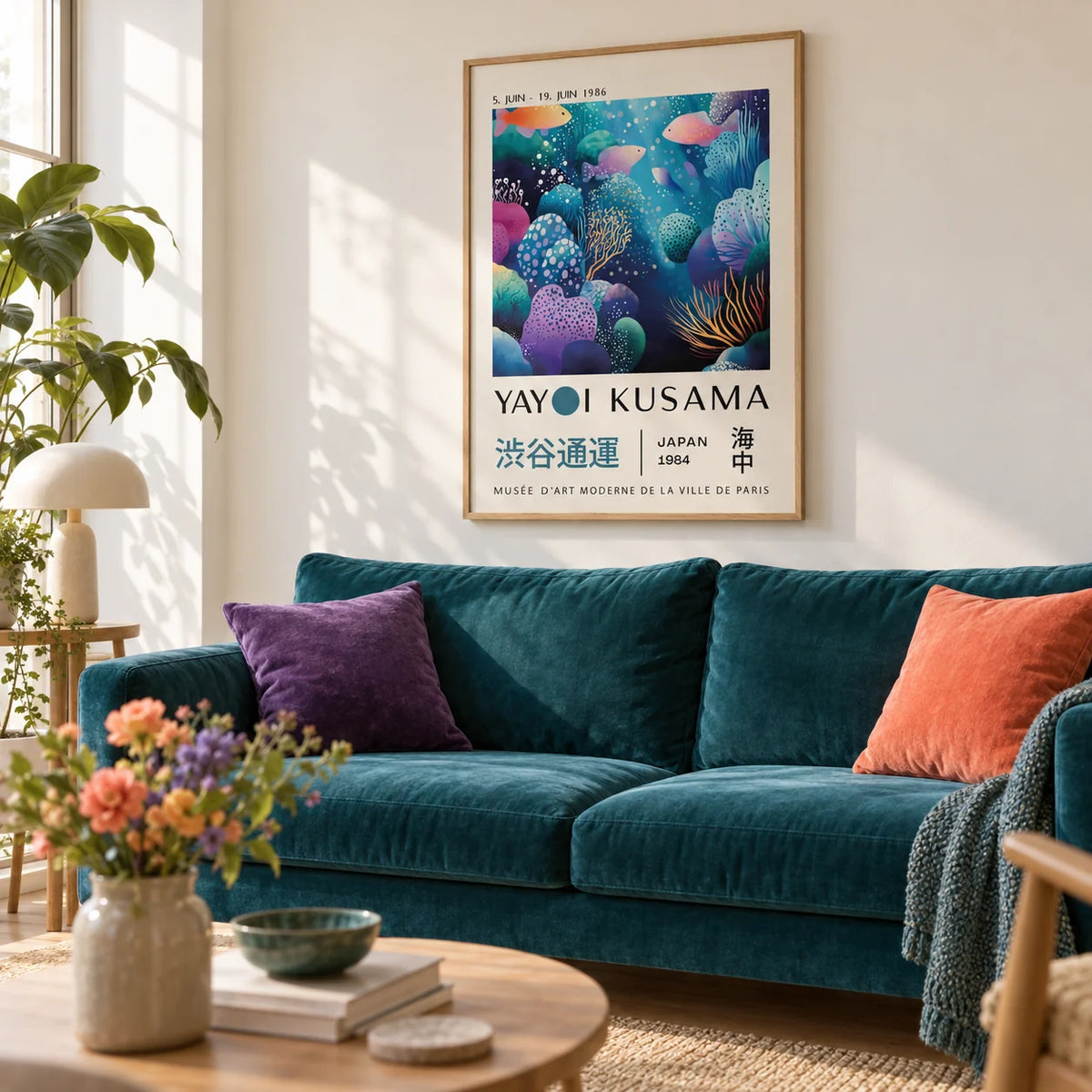 Fish Artwork Prints, framed on the wall of a bright living room with a warm white wall and a pale oak floor