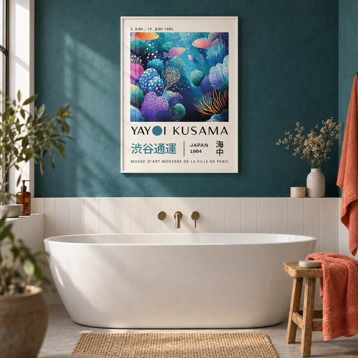 Fish Artwork Prints, framed on the wall of a calm modern bathroom with a deep teal plaster wall and plain white tiles below