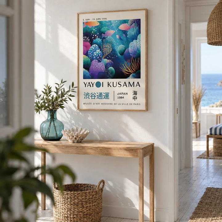 Fish Artwork Prints, framed on the wall of a coastal hallway with a white wall and a whitewashed floor