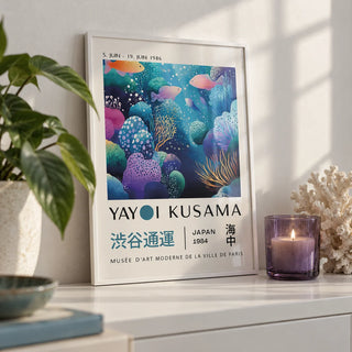 Fish Artwork Prints, a small A4 framed print leaning on a white shelf in a living room