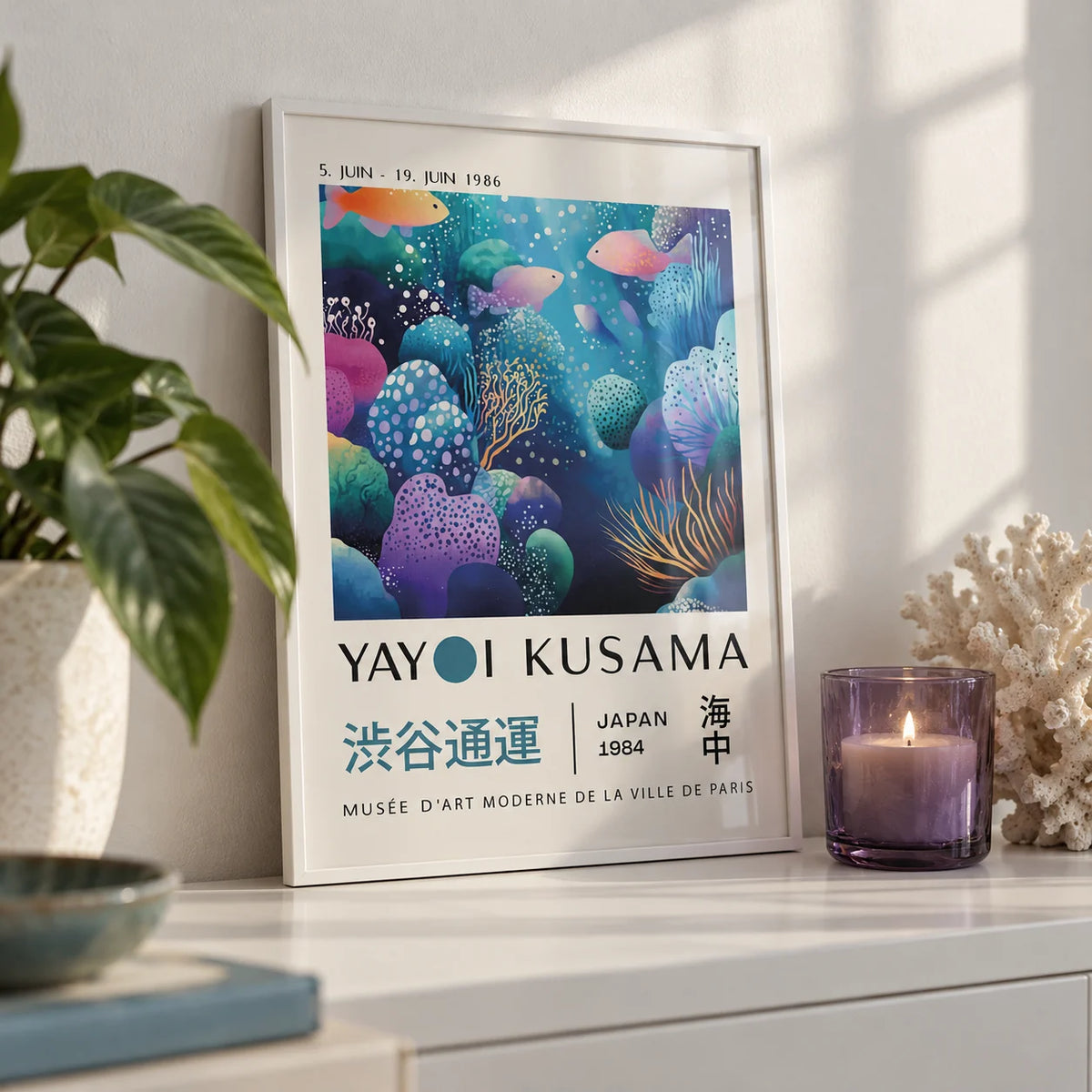 Fish Artwork Prints, a small A4 framed print leaning on a white shelf in a living room