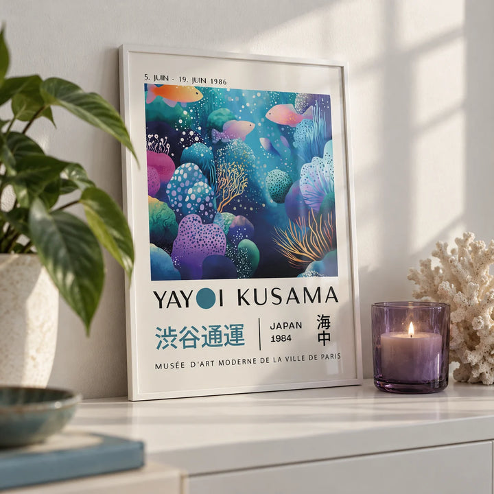 Fish Artwork Prints, a small A4 framed print leaning on a white shelf in a living room