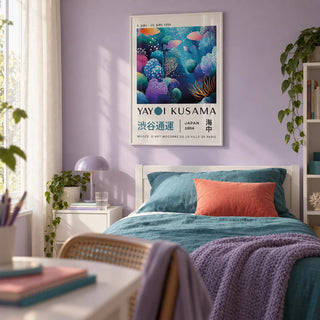 Fish Artwork Prints, framed on the wall of a teen girl's bedroom (13-17) with a soft lilac wall