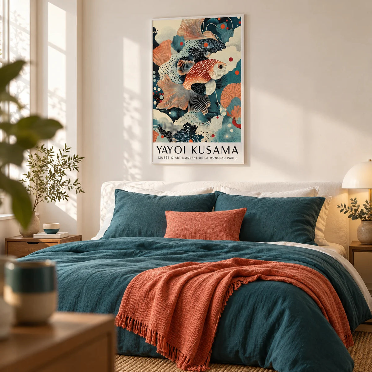 Fish Wall Art Decor, framed on the wall of a calm bedroom with a warm white wall