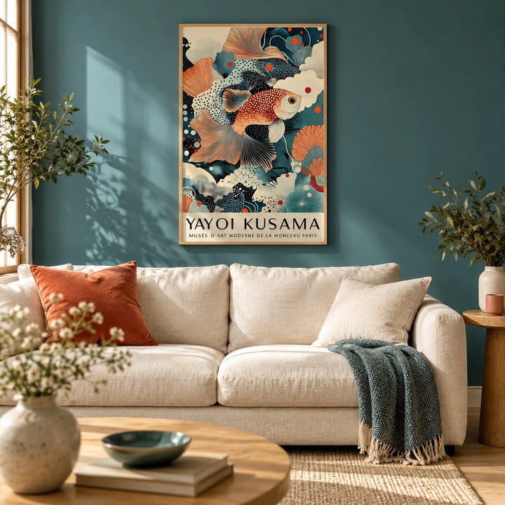 Fish Wall Art Decor, framed on the wall of a calm living room with a teal painted wall and a light oak floor