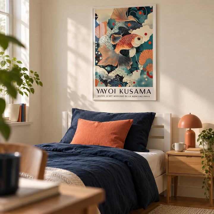Fish Wall Art Decor, framed on the wall of a calm single bedroom for a young adult (18-25) with a cream wall