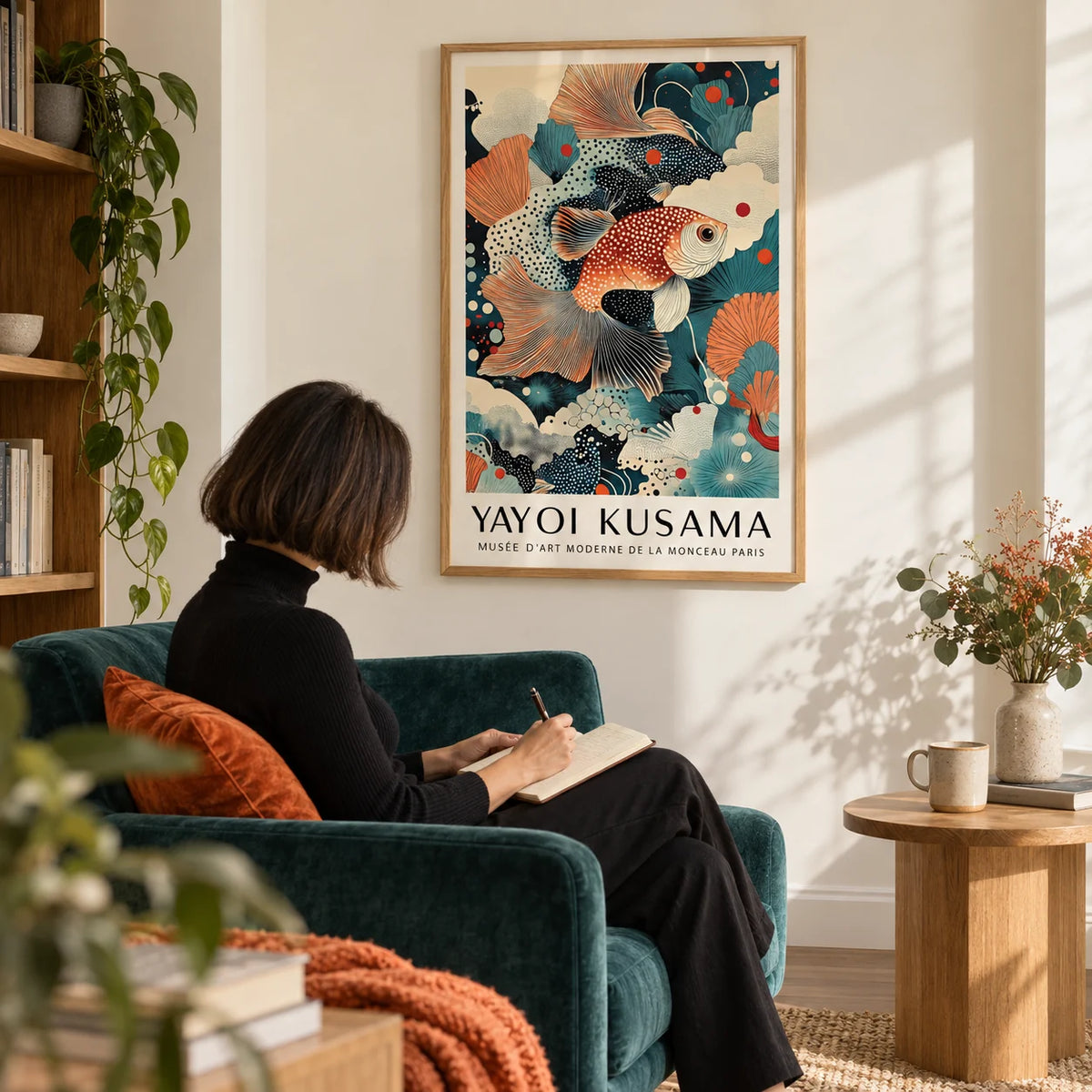 Fish Wall Art Decor, framed on the wall of a quiet reading corner with a cream wall in a living room