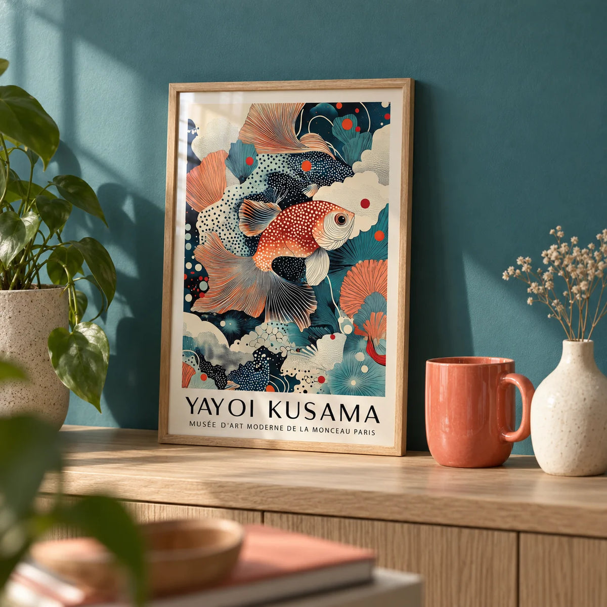 Fish Wall Art Decor, a small A4 framed print leaning on a pale oak shelf in a living room