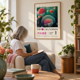 Fish Wall Decor, framed on the wall of a calm reading corner with a warm off-white wall in a living room