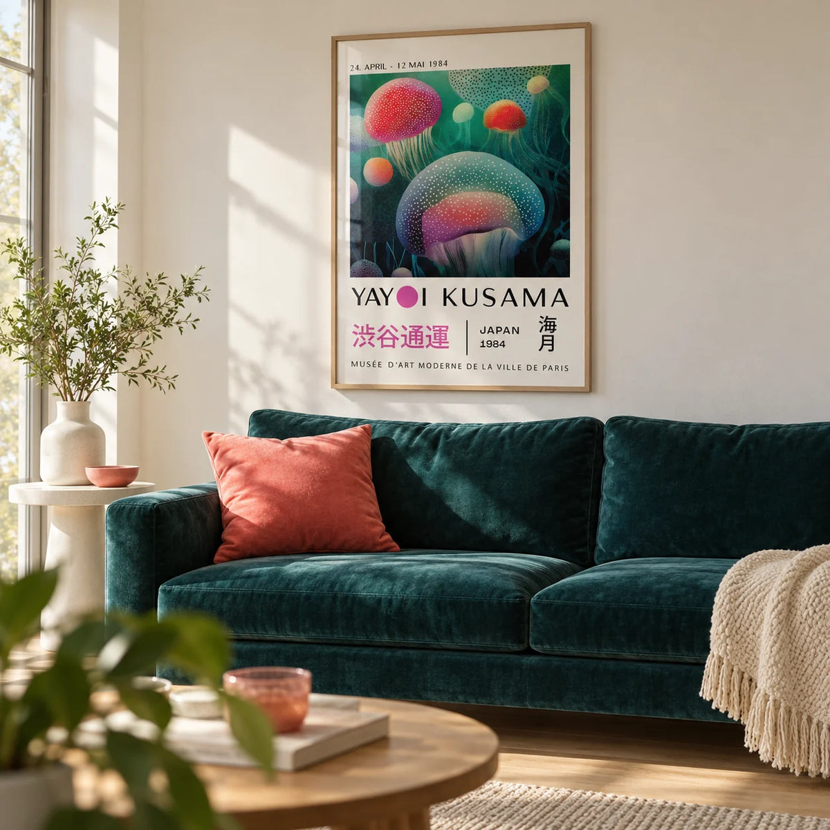 Fish Wall Decor, framed on the wall of a modern living room with a warm white wall and a pale oak floor