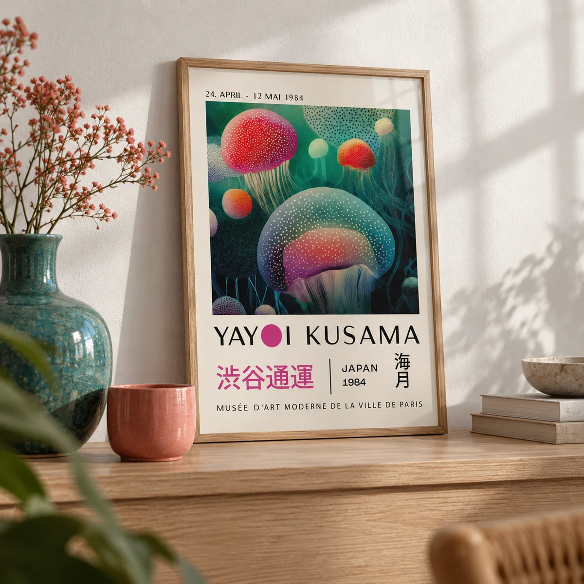 Fish Wall Decor, a small A4 framed print leaning on a pale oak shelf in a living room