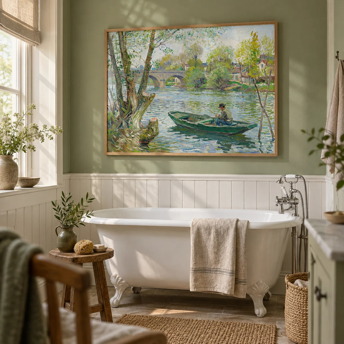 Fishing Boat Art Print, framed on the wall of a calm country bathroom with a soft green painted wall and plain white tongue and groove panelling