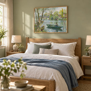 Fishing Boat Art Print, framed on the wall of a calm country bedroom with a pale sage wall