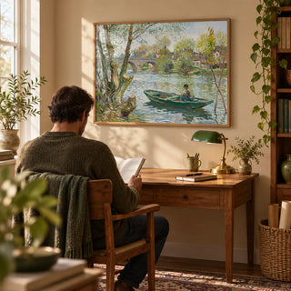 Fishing Boat Art Print, framed on the wall of a cosy study with a warm beige wall
