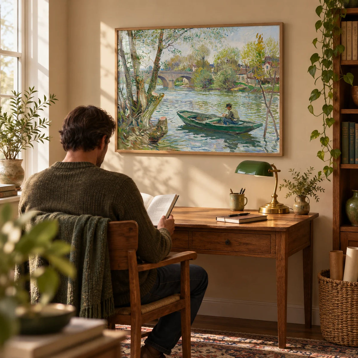 Fishing Boat Art Print, framed on the wall of a cosy study with a warm beige wall