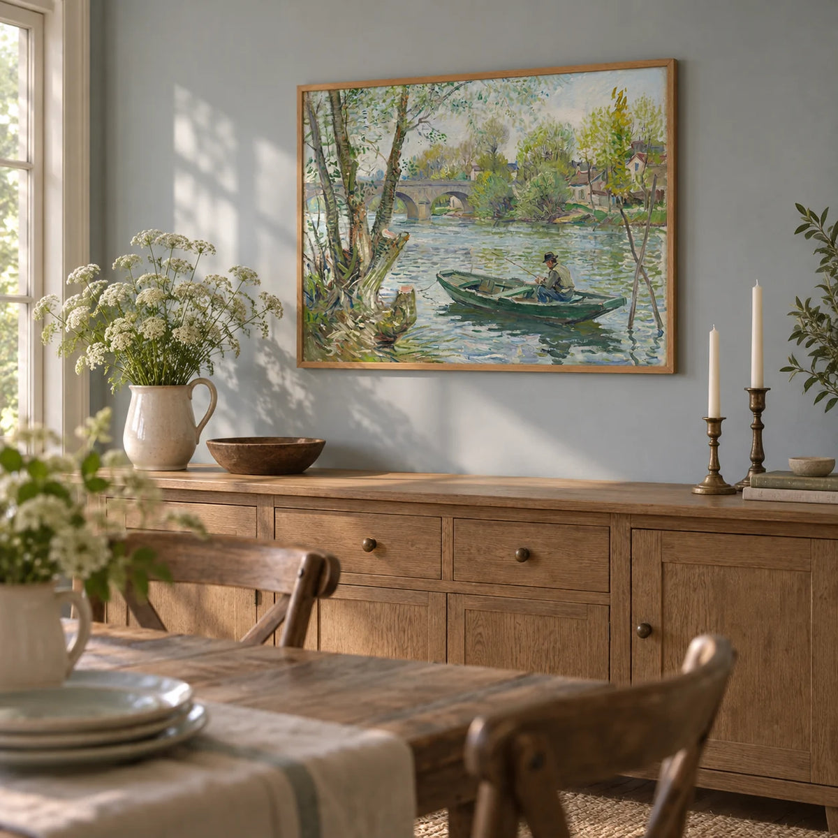 Fishing Boat Art Print, framed on the wall of a country dining room with a pale blue grey wall