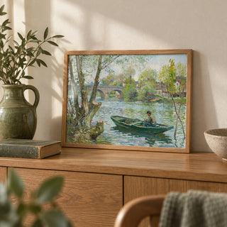 Fishing Boat Art Print, a small A4 framed print leaning on an oak sideboard in a living room