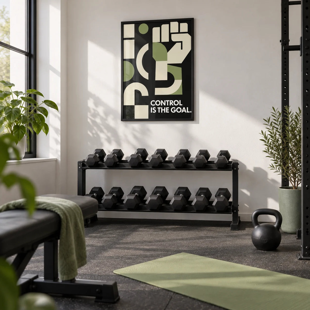 Fitness Motivation Poster, framed on the wall of a clean home gym in a spare room