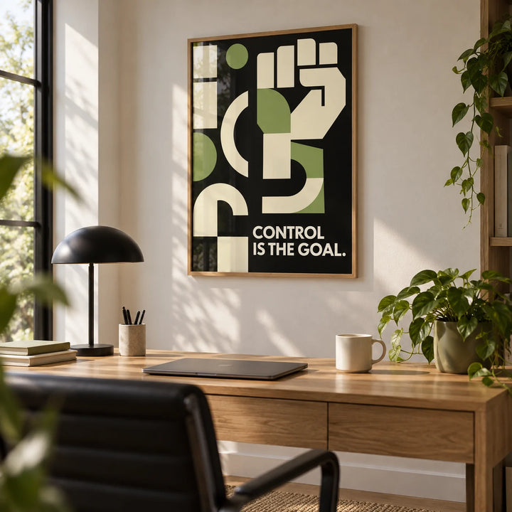 Fitness Motivation Poster, framed on the wall of a focused home office