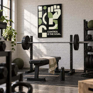 Fitness Motivation Poster, framed on the wall of a garage gym