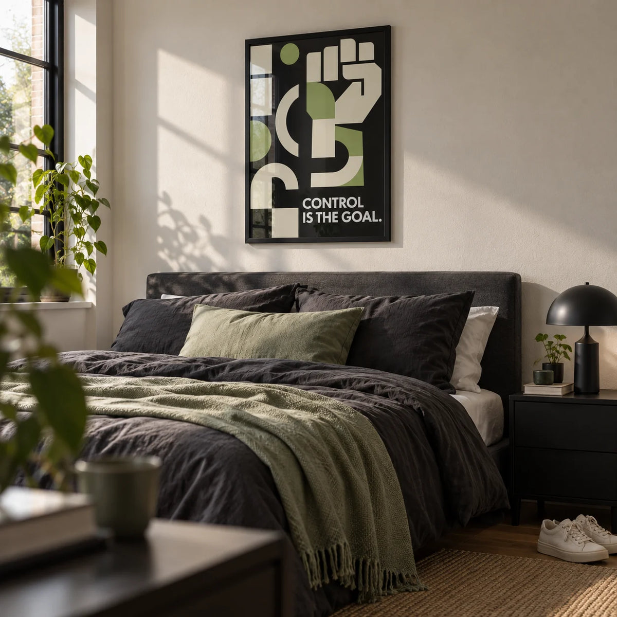 Fitness Motivation Poster, framed on the wall of a modern bedroom for a 22 year old