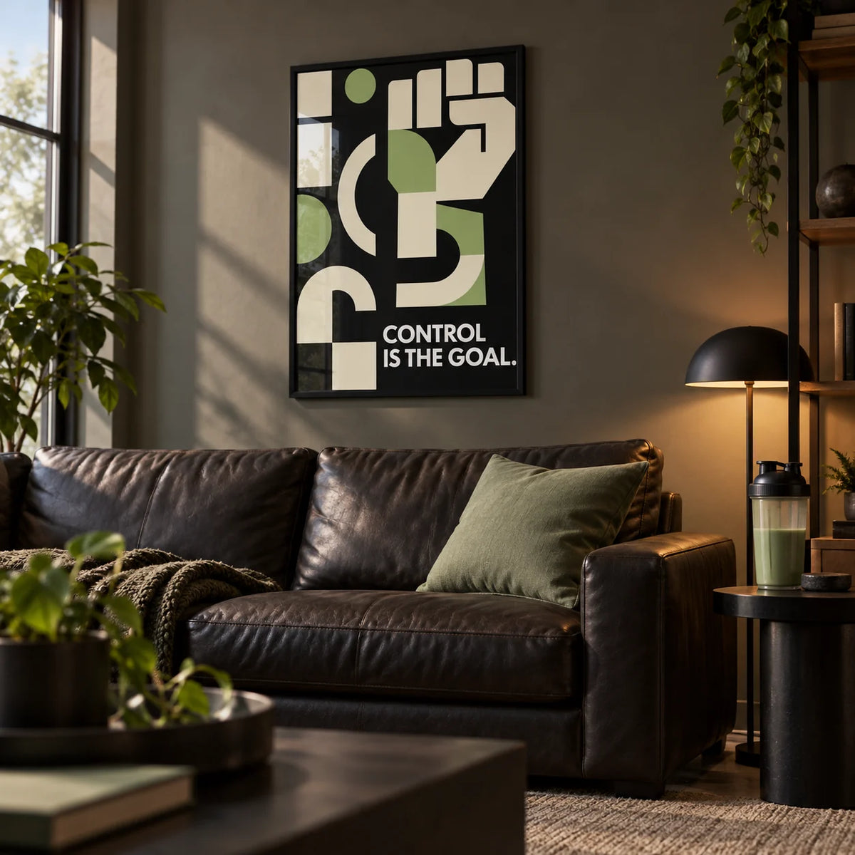 Fitness Motivation Poster, framed on the wall of a modern man cave in a living room